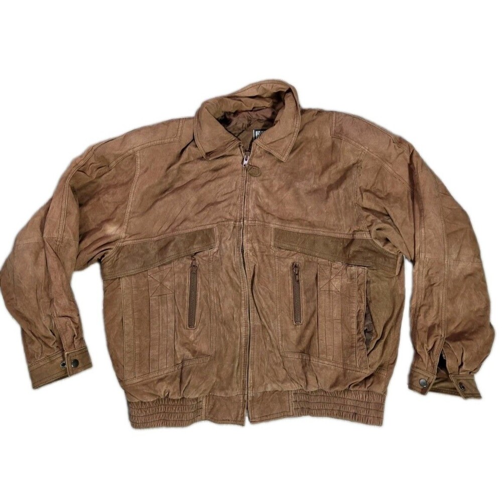 VTG Greg Bell Leather Bomber Jacket Brown Zip Front Pockets Mens XL Korea GUC